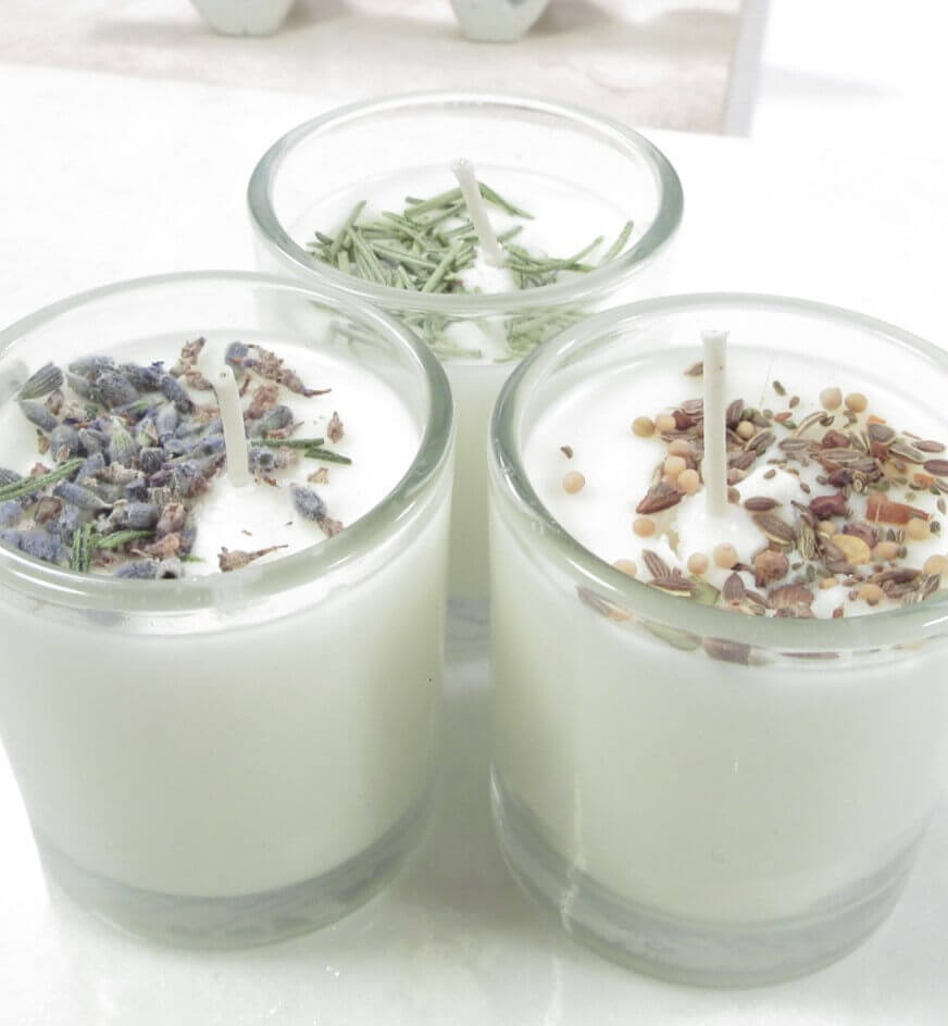 set of 3 glass herb candles