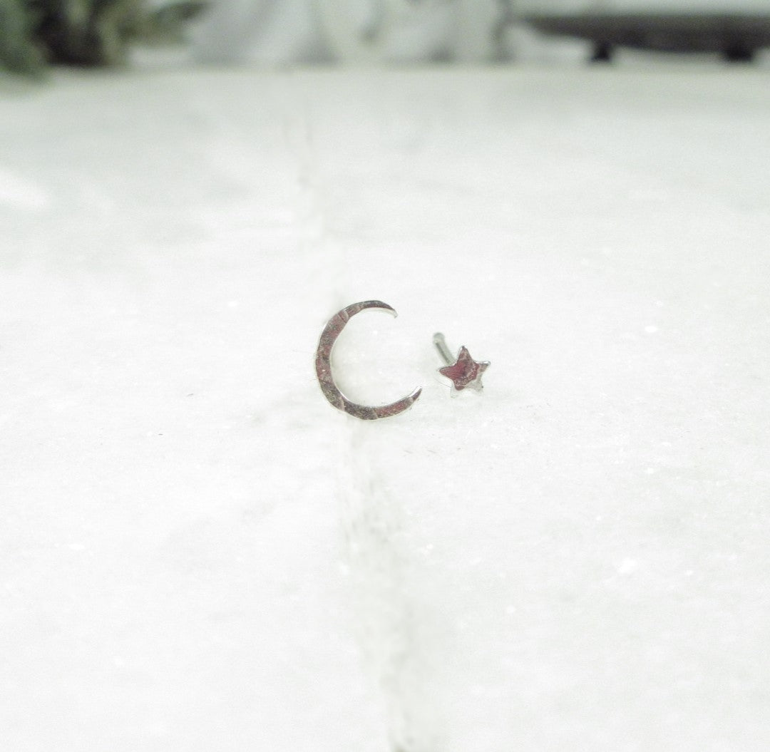 Post Earring Miss Matched Crescent Moon and Star Silver