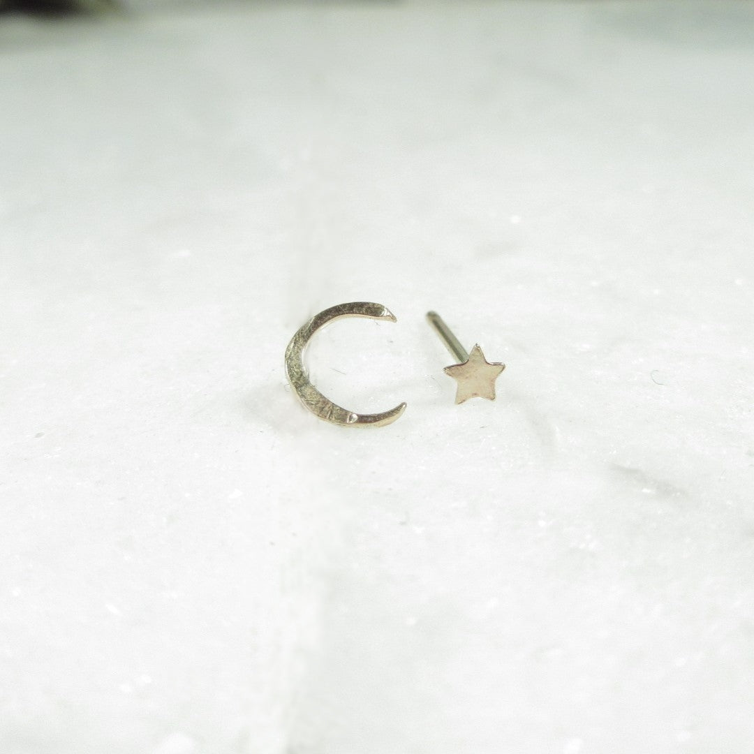 Post Earring Miss Matched Crescent Moon and Star Gold