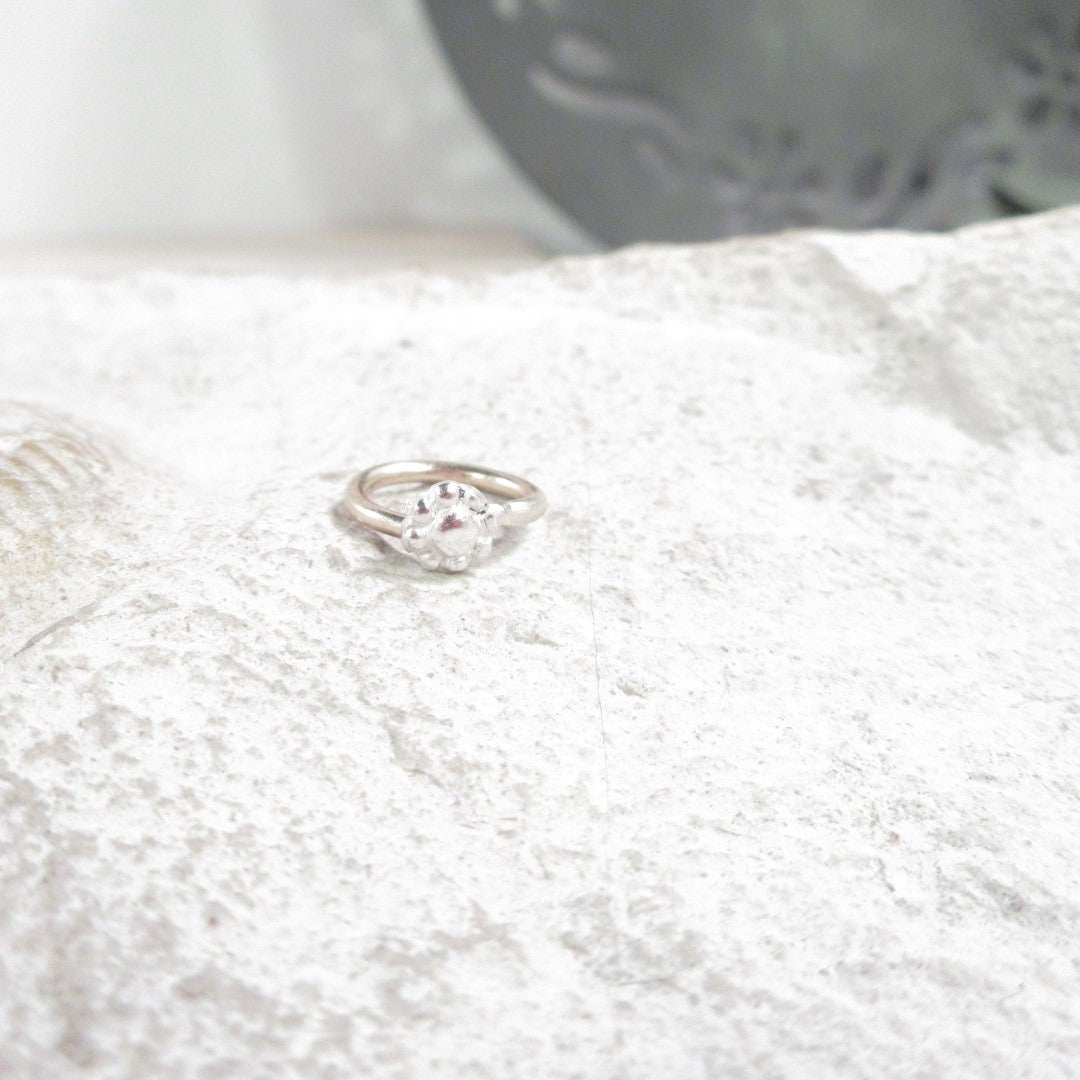 Mixed metal tragus hoop on a textured white surface