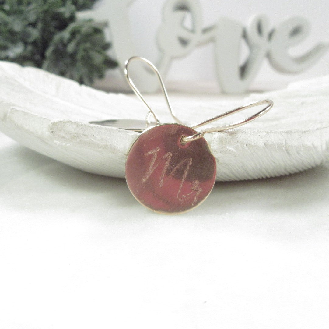 Dangle Earrings Round Engraved Spiritual Symbols in Silver & Gold