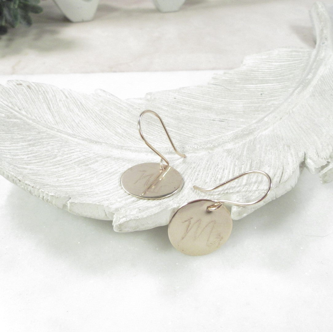 Dangle Earrings Round Engraved Spiritual Symbols in Silver & Gold