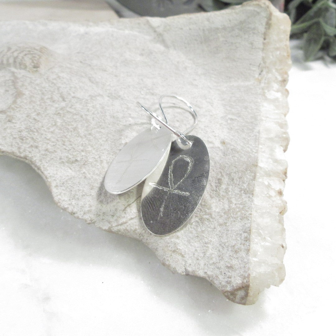 Dangle Earrings Long Ovals Engraved Spiritual Symbols in Silver & Gold
