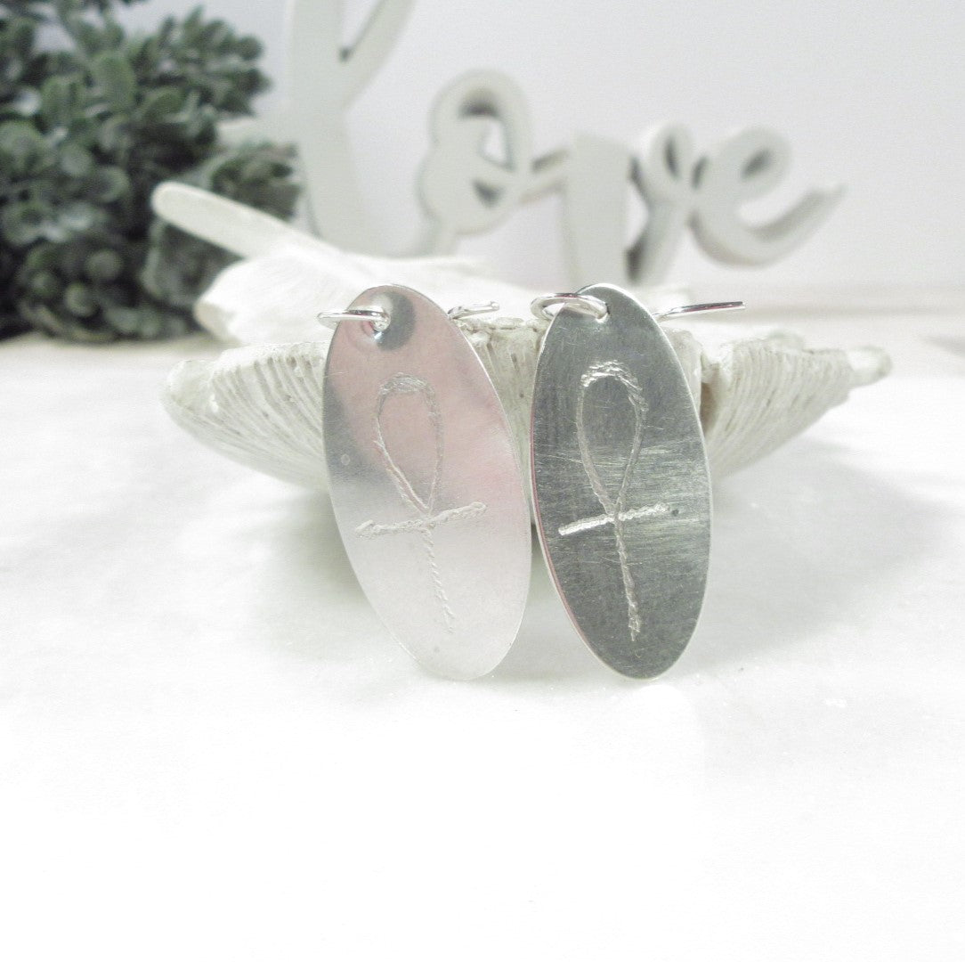 Dangle Earrings Long Ovals Engraved Spiritual Symbols in Silver & Gold
