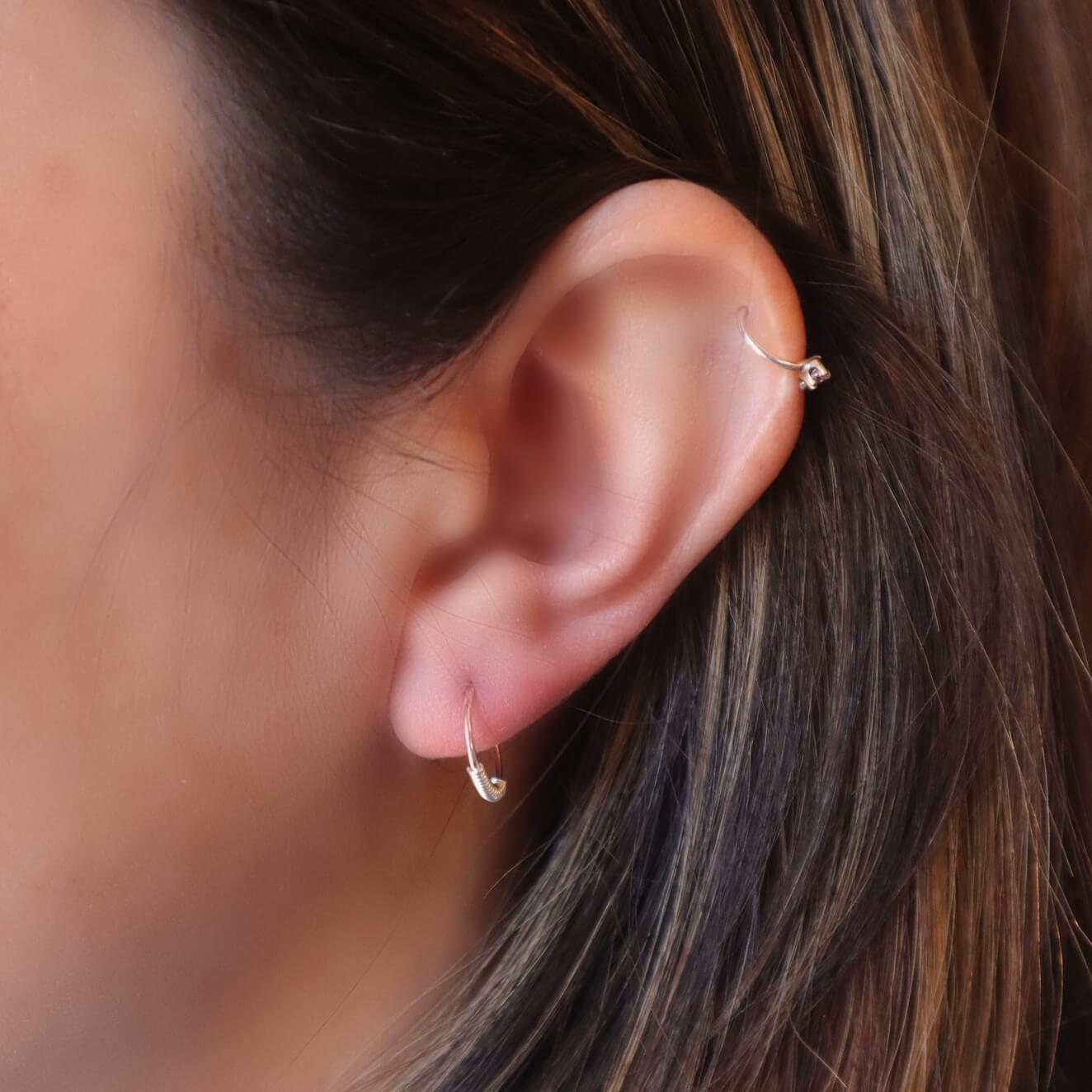 Tiny Hoop Earring Wrapped on model