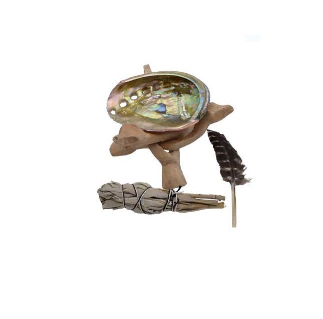 Smudge Stick Information Abalone Shell Sage and Feather on wooden stand
