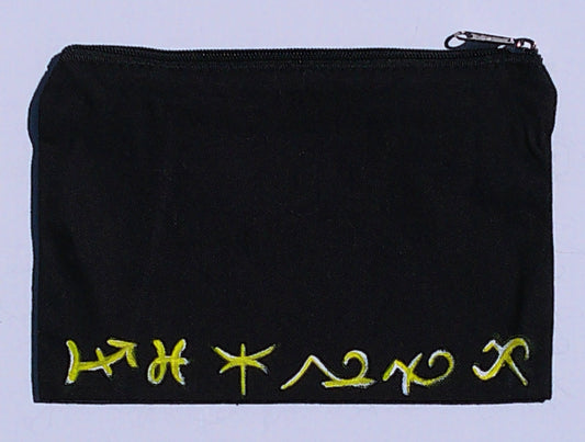 spiritual symbols on a black cancas bag and white background