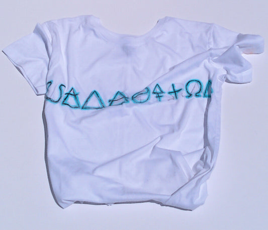 White t-shirt with blue symbols on a light gray background
