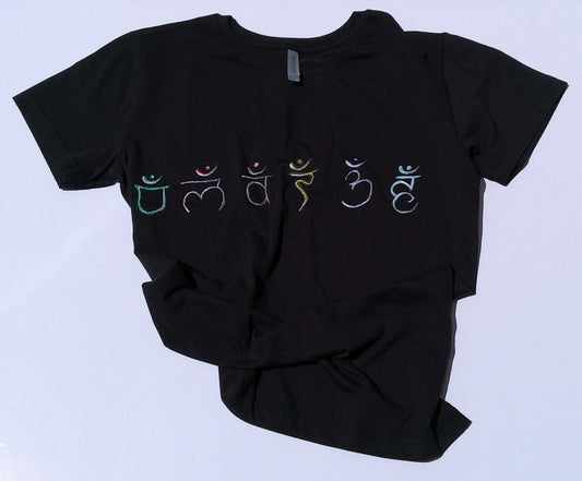 Black t-shirt with colorful symbols on a light blue background