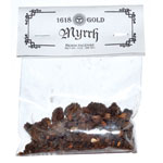 A clear plastic bag containing dark brown resin incense pieces, sealed with a white paper header card printed with the brand name '1618 GOLD' and the word 'Myrrh'.