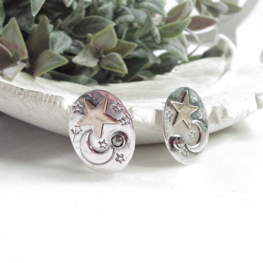 Post Earring Hammered Ovals Crescent Moon & Star