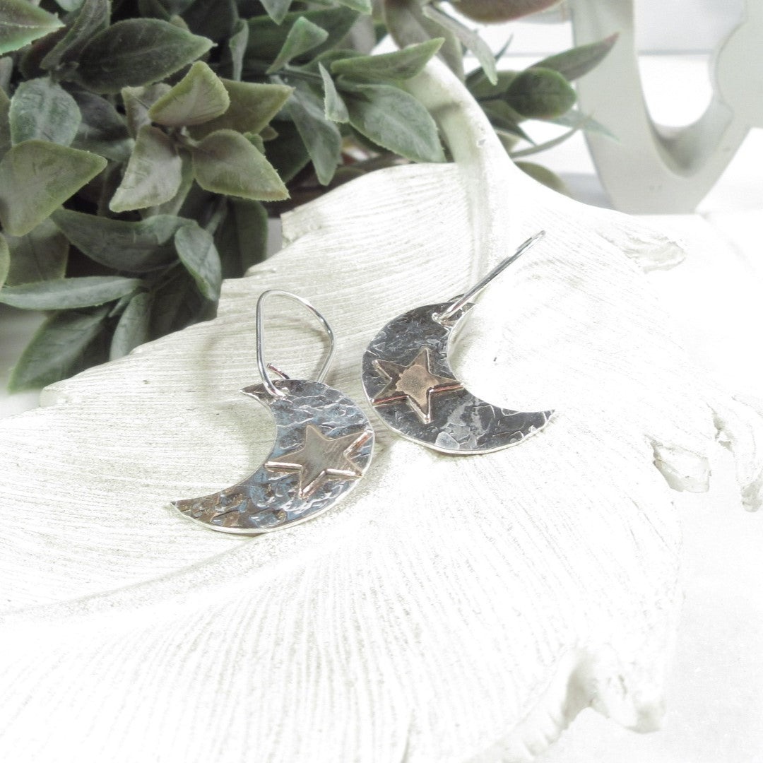 Dangle Earrings Crescent Moons in Silver & Gold