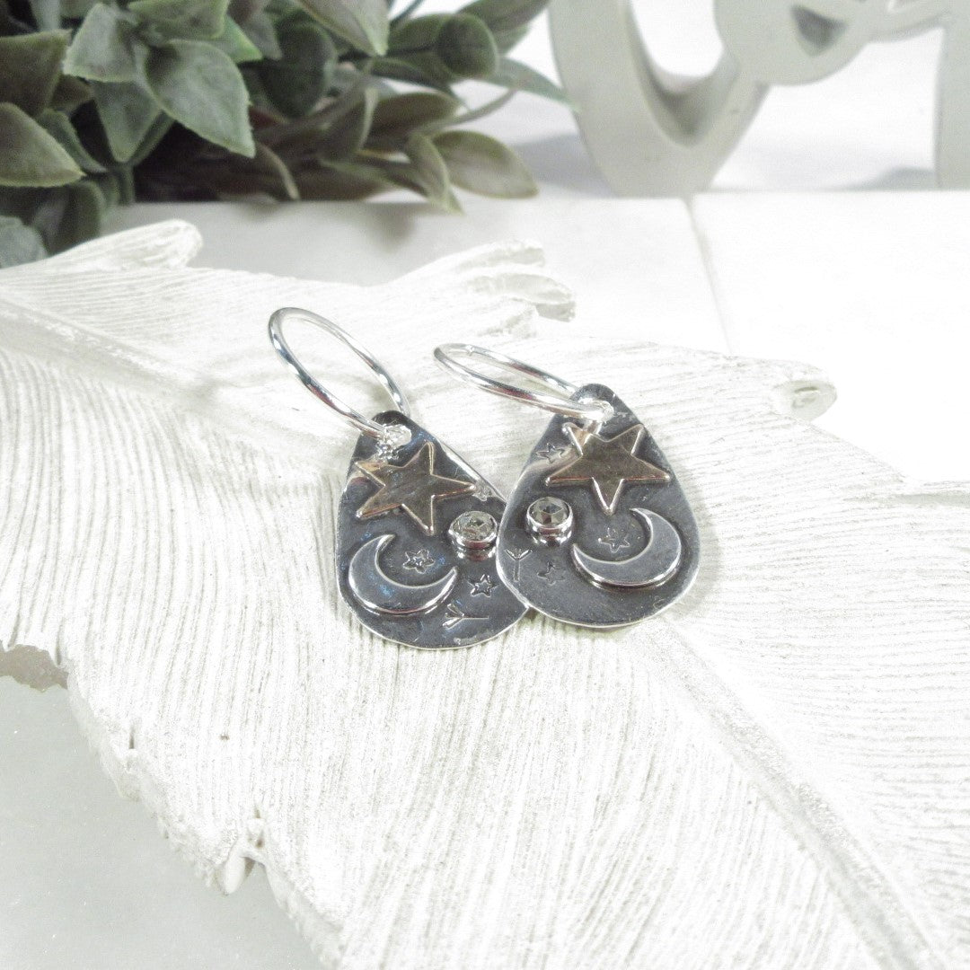 Dangle Earrings Thick Gauge Moon & Star Mixed Metals