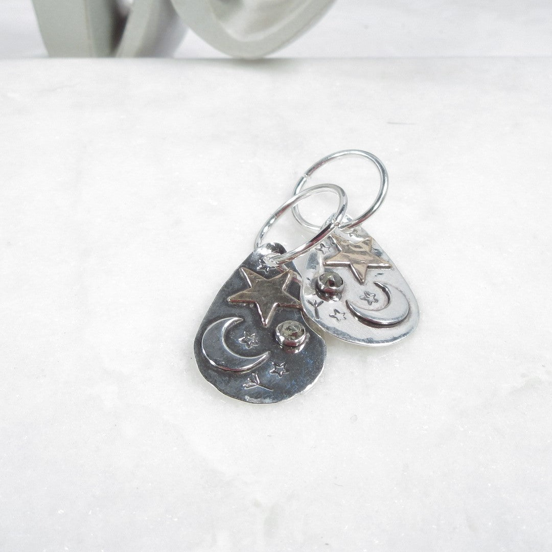 Dangle Earrings Thick Gauge Moon & Star Mixed Metals