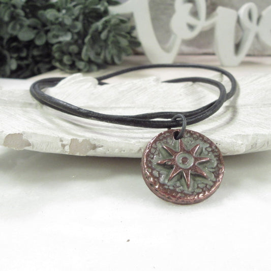 Sun Symbol Necklace Copper on Leather