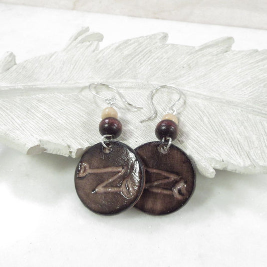 Pair of earrings with brown circular charms and beads on a white background