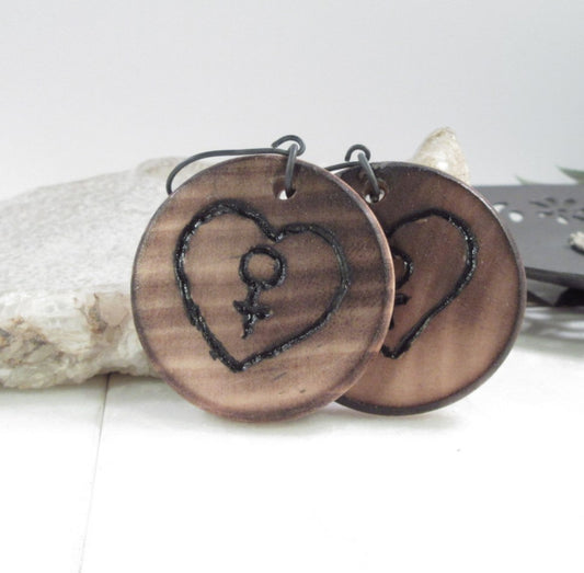 Tribal Wood Symbols Earrings Large Disk