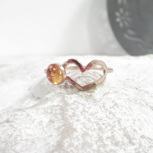 Ring Citrine Gemstone with Heart Choose Your Metal and Size