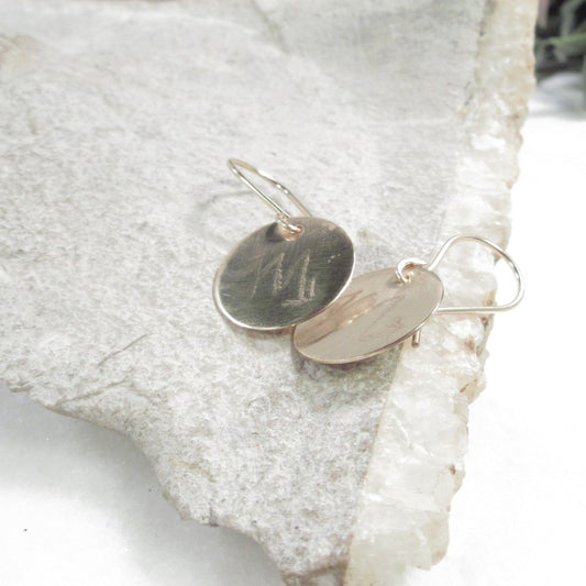 Dangle Earrings Round Engraved Spiritual Symbols in Silver & Gold