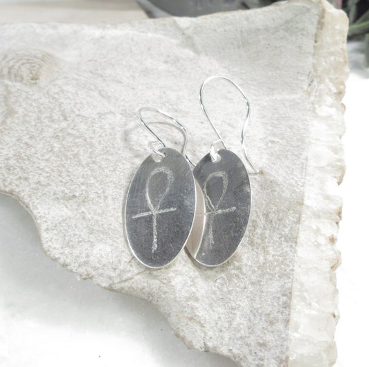 Dangle Earrings Long Ovals Engraved Spiritual Symbols in Silver & Gold
