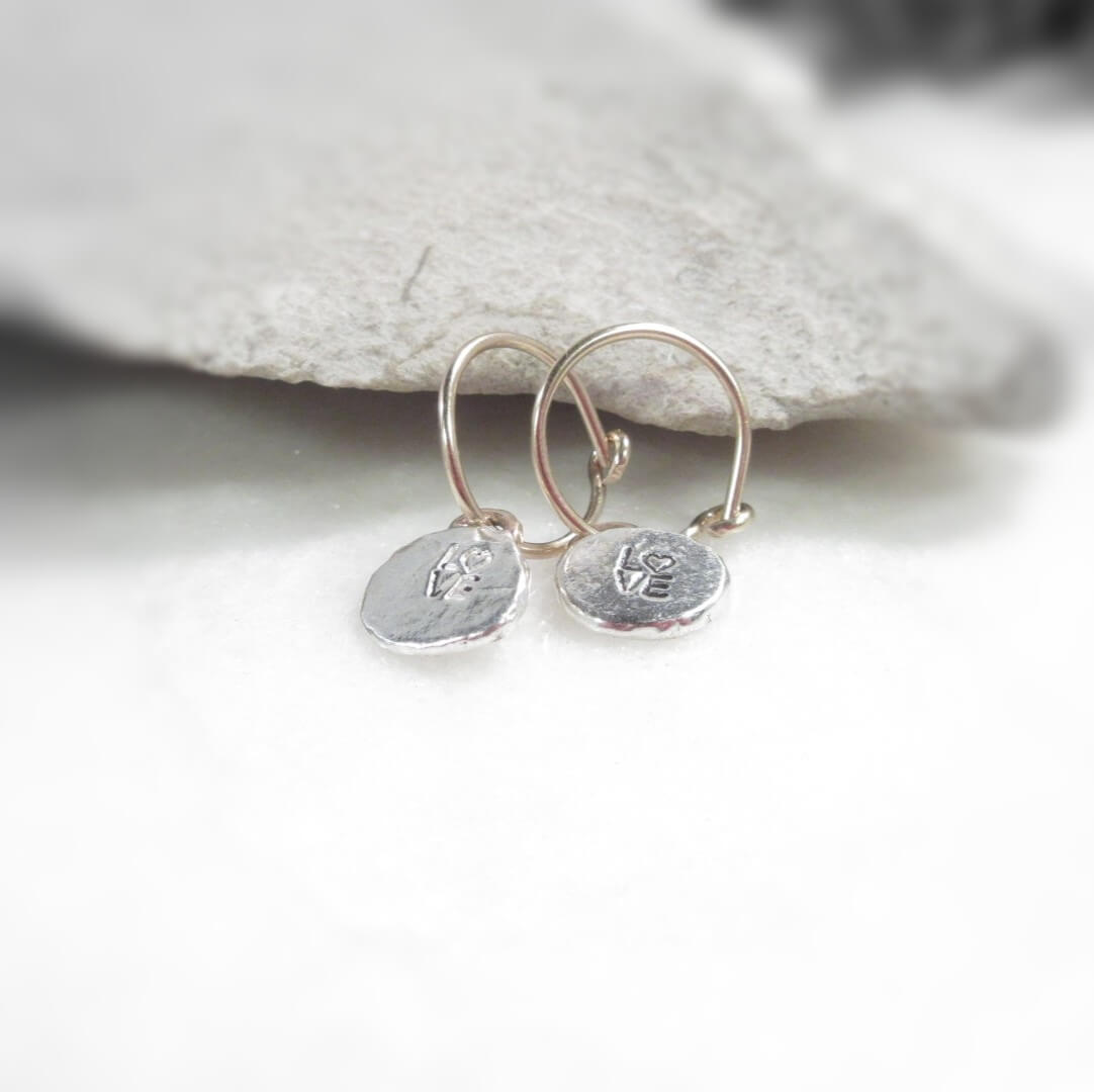 Tiny Hoop Earring Tiny Love Dangles - Choose Your Diameter, Gauge, Metal