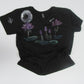 Black t-shirt with hand-painted purple flowers and a moon on a white background