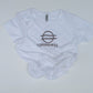 White t-shirt with a black logo and text on a light gray background