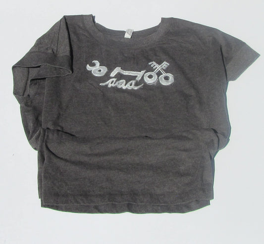 Gray t-shirt with white graphic design on a light gray background