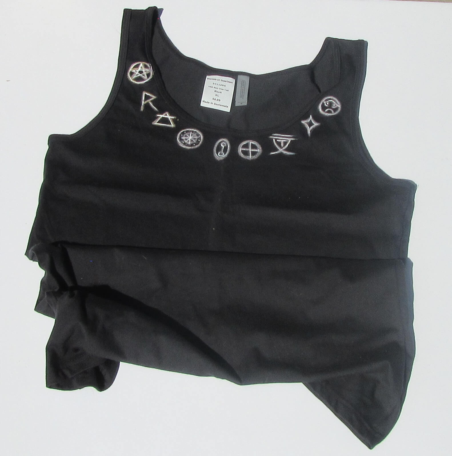 witchy symbols on a black tank top on a white background