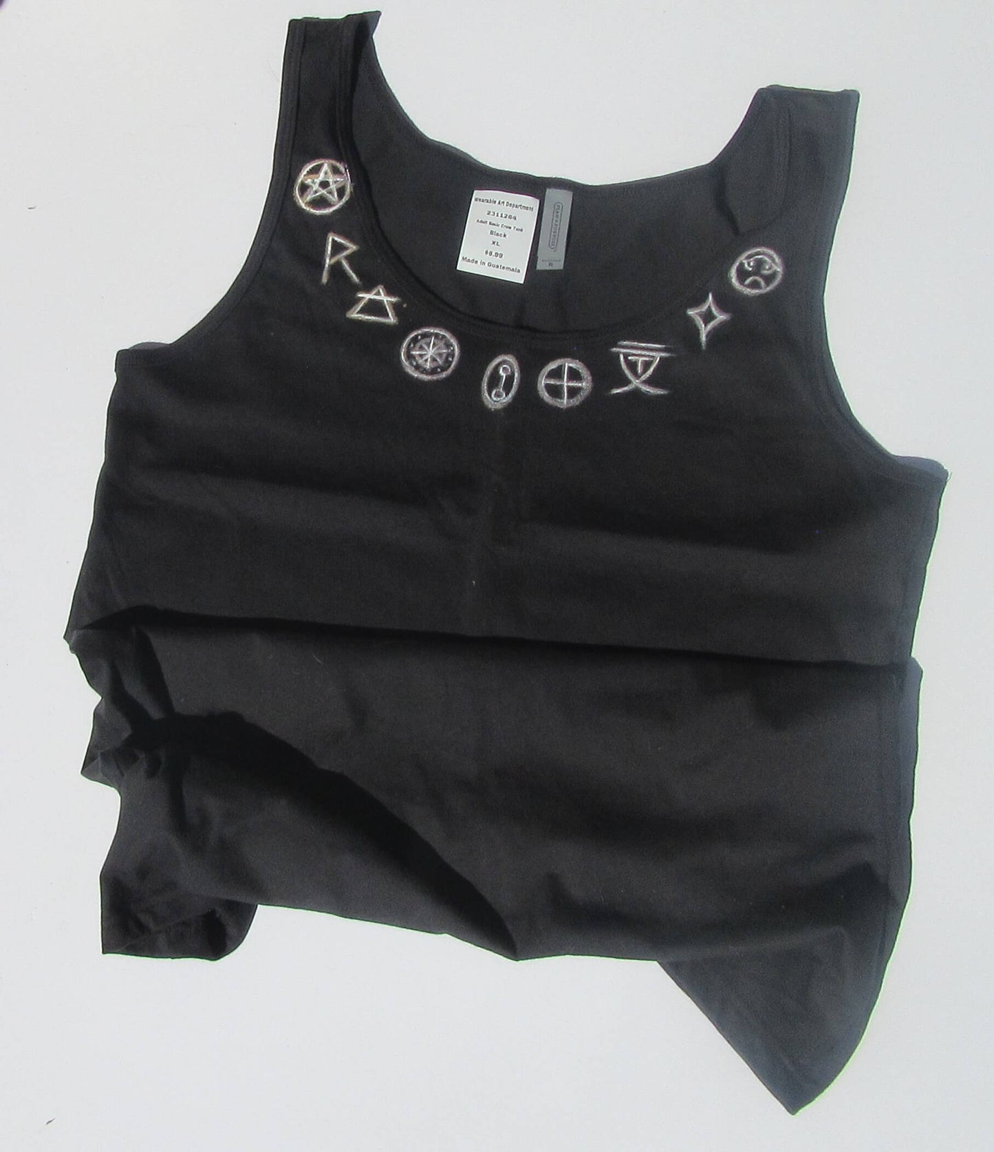 spiritual symbols on a black tank top and white background