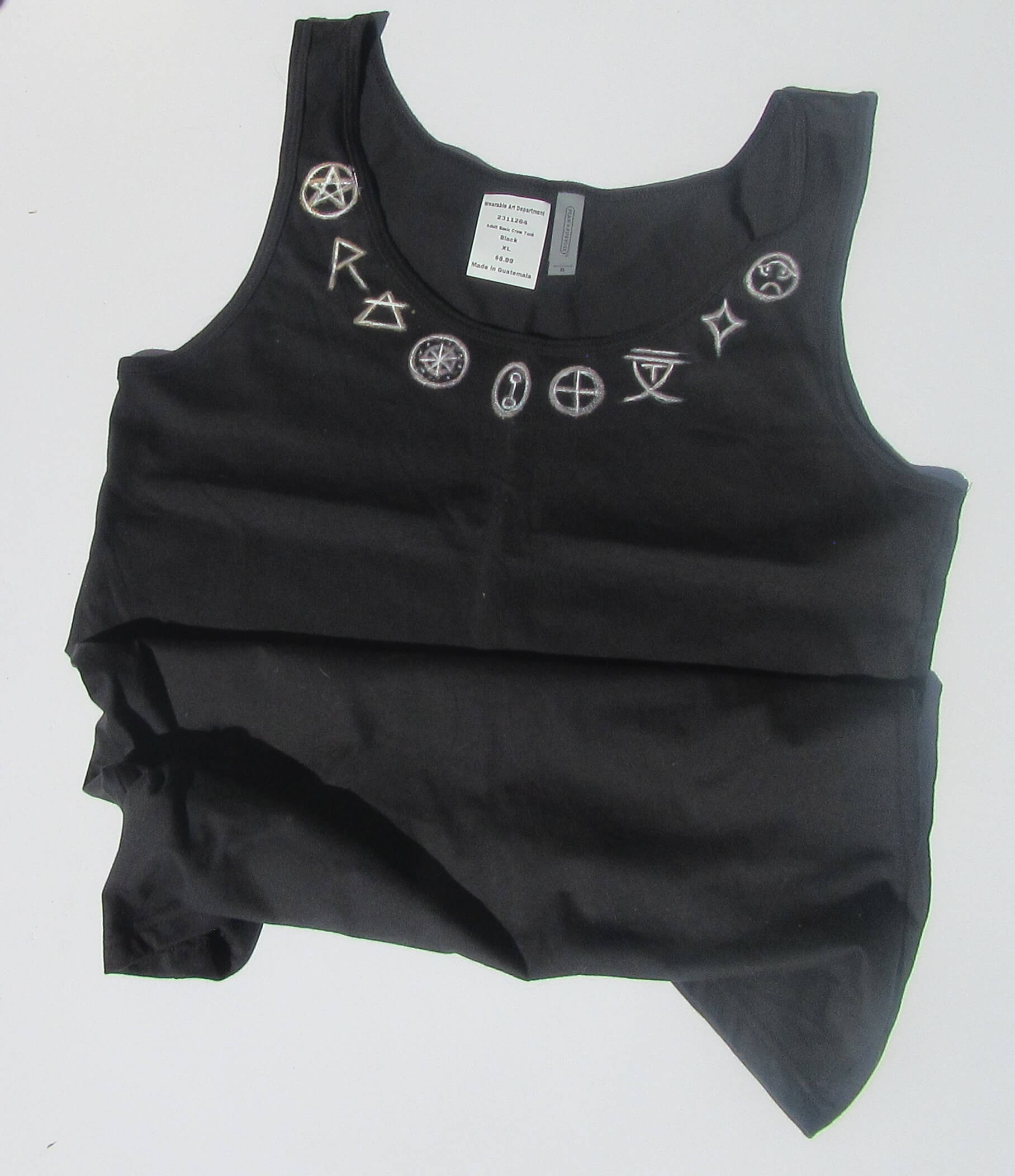 spiritual symbols on a black tank top and white background
