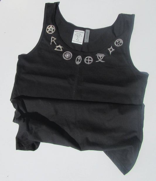 spiritual symbols on a black tank top and white background