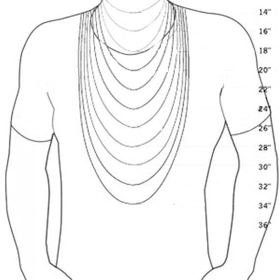 Line drawing of a necklace draped over a shoulder with measurement scale