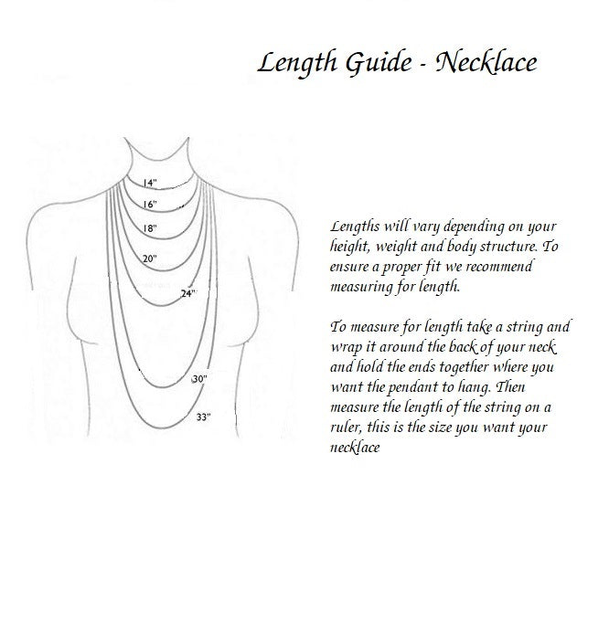 Necklace length guide with measurements on a mannequin and text instructions.